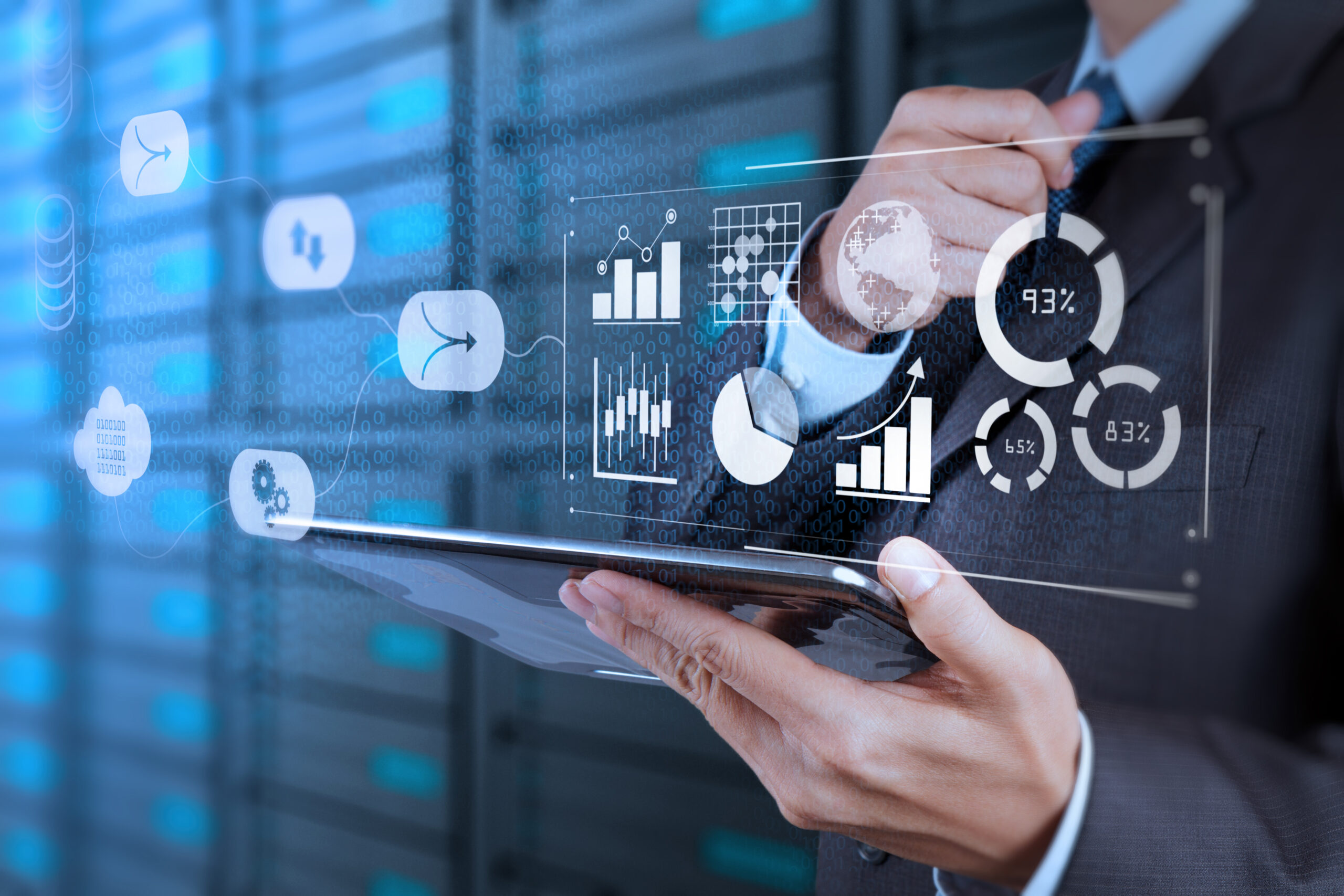 Data Management System (DMS) with Business Analytics concept. businessman working with provide information for Key Performance Indicators (KPI) and marketing analysis onn virtual computer